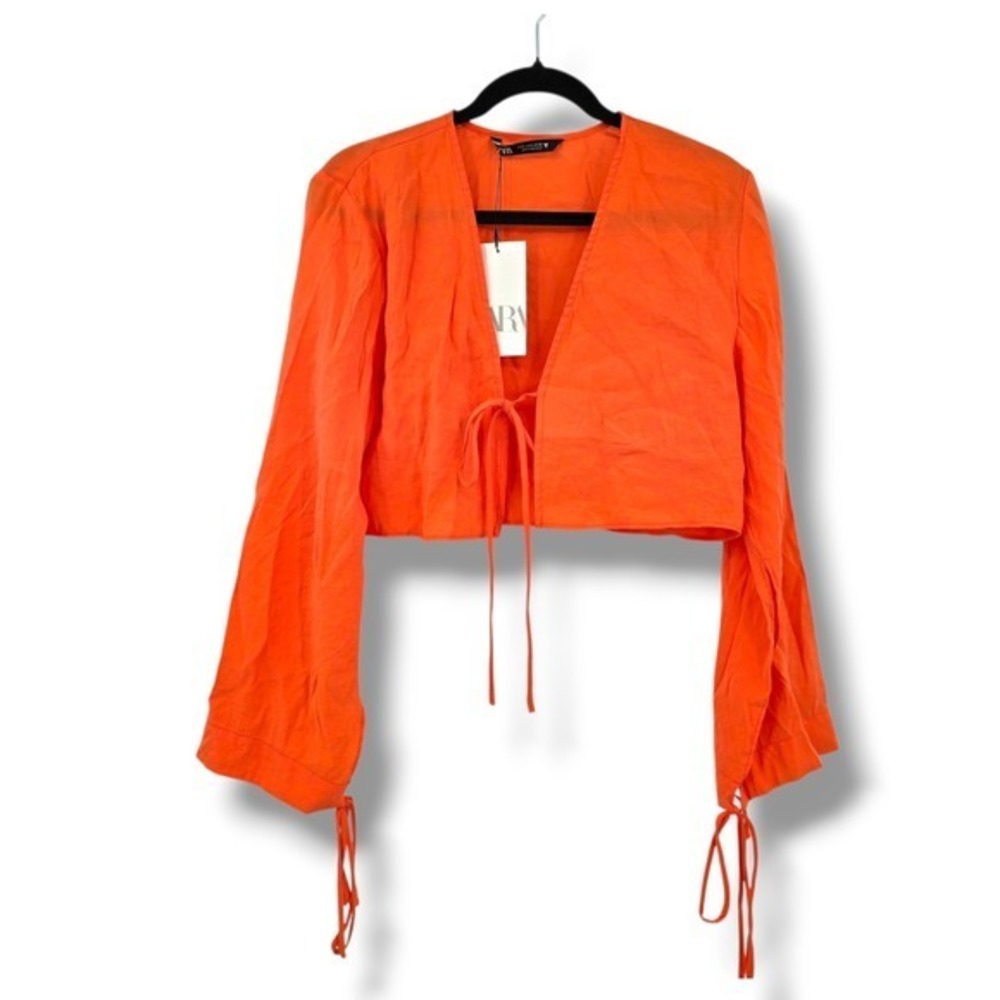 New Zara Womens Tie Front Crop Top Blouse Long Sleeve Orange Size Small
